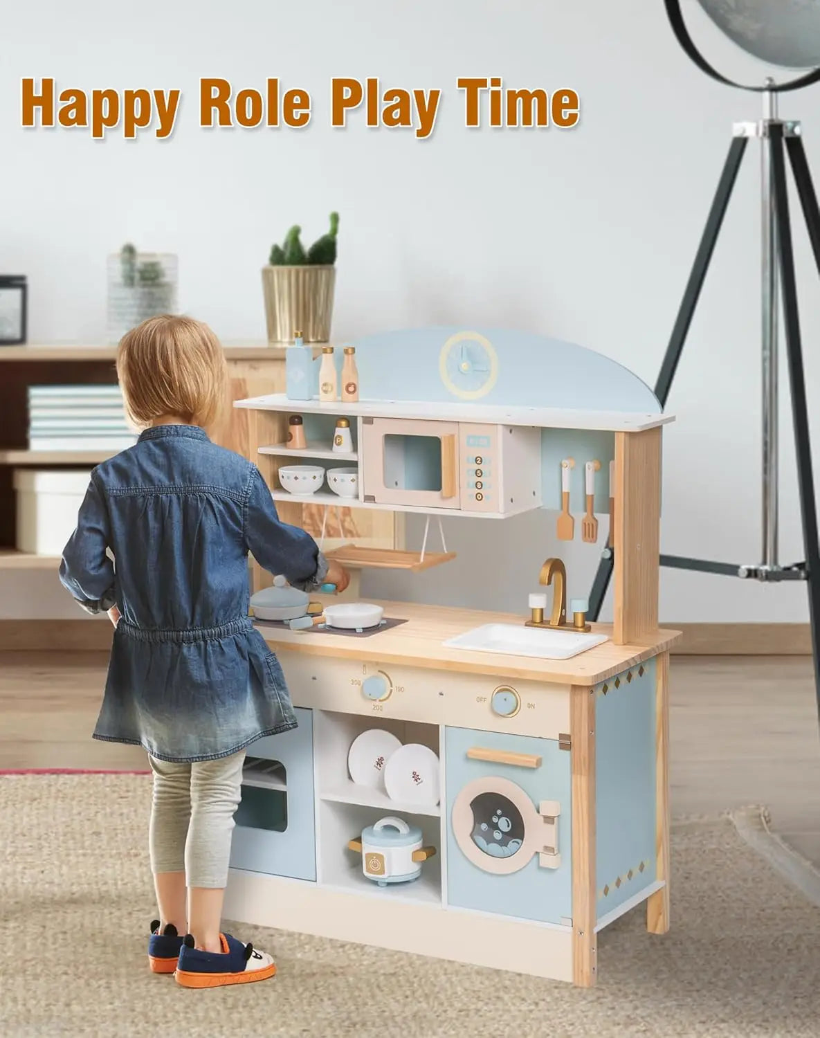 Robotime Robud Kids Play Kitchen Playset Wooden Pretend Playset with Microwave Oven Clock Towel Rack Toy for Toddler Blue